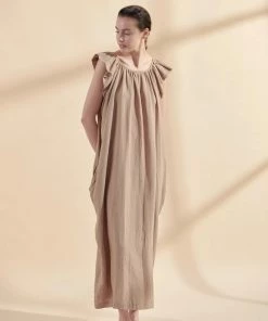 Amente NEW ARRIVALS Ruffle Short Sleeve Back Tie Midi Dress: Mocha