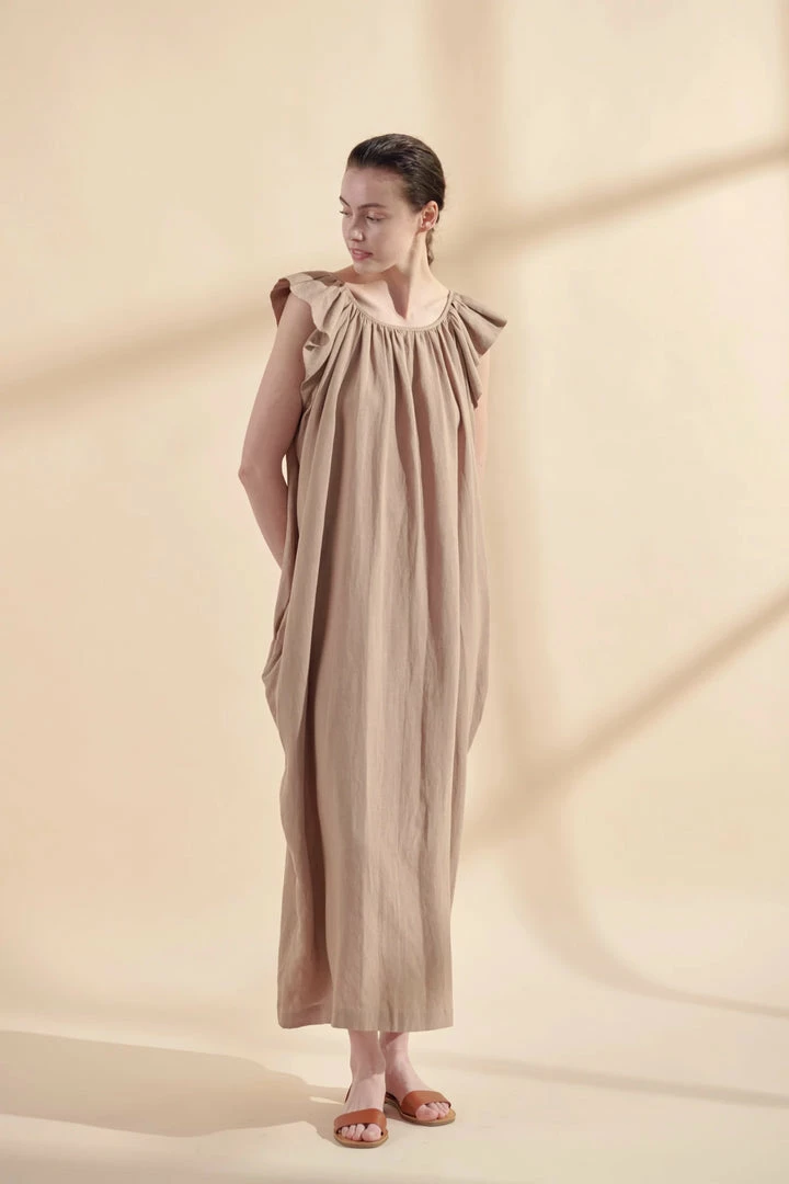 Amente NEW ARRIVALS Ruffle Short Sleeve Back Tie Midi Dress: Mocha 4 Amente NEW ARRIVALS Ruffle Short Sleeve Back Tie Midi Dress: Mocha