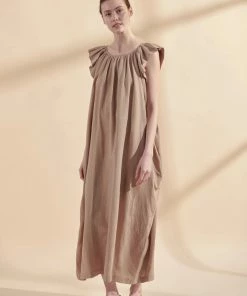 Amente NEW ARRIVALS Ruffle Short Sleeve Back Tie Midi Dress: Mocha 12 Amente NEW ARRIVALS Ruffle Short Sleeve Back Tie Midi Dress: Mocha