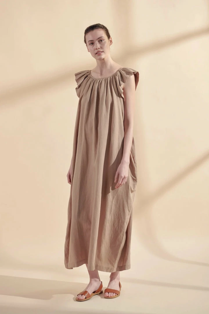 Amente NEW ARRIVALS Ruffle Short Sleeve Back Tie Midi Dress: Mocha 5 Amente NEW ARRIVALS Ruffle Short Sleeve Back Tie Midi Dress: Mocha