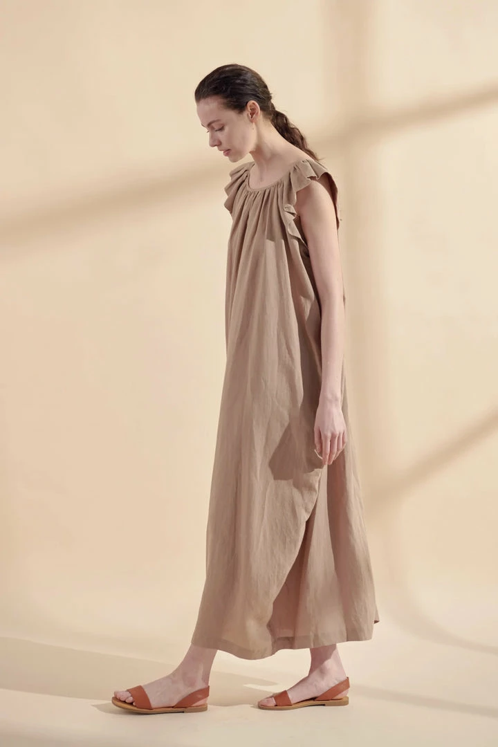 Amente NEW ARRIVALS Ruffle Short Sleeve Back Tie Midi Dress: Mocha 6 Amente NEW ARRIVALS Ruffle Short Sleeve Back Tie Midi Dress: Mocha