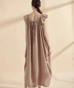 Amente NEW ARRIVALS Ruffle Short Sleeve Back Tie Midi Dress: Mocha 14 Amente NEW ARRIVALS Ruffle Short Sleeve Back Tie Midi Dress: Mocha