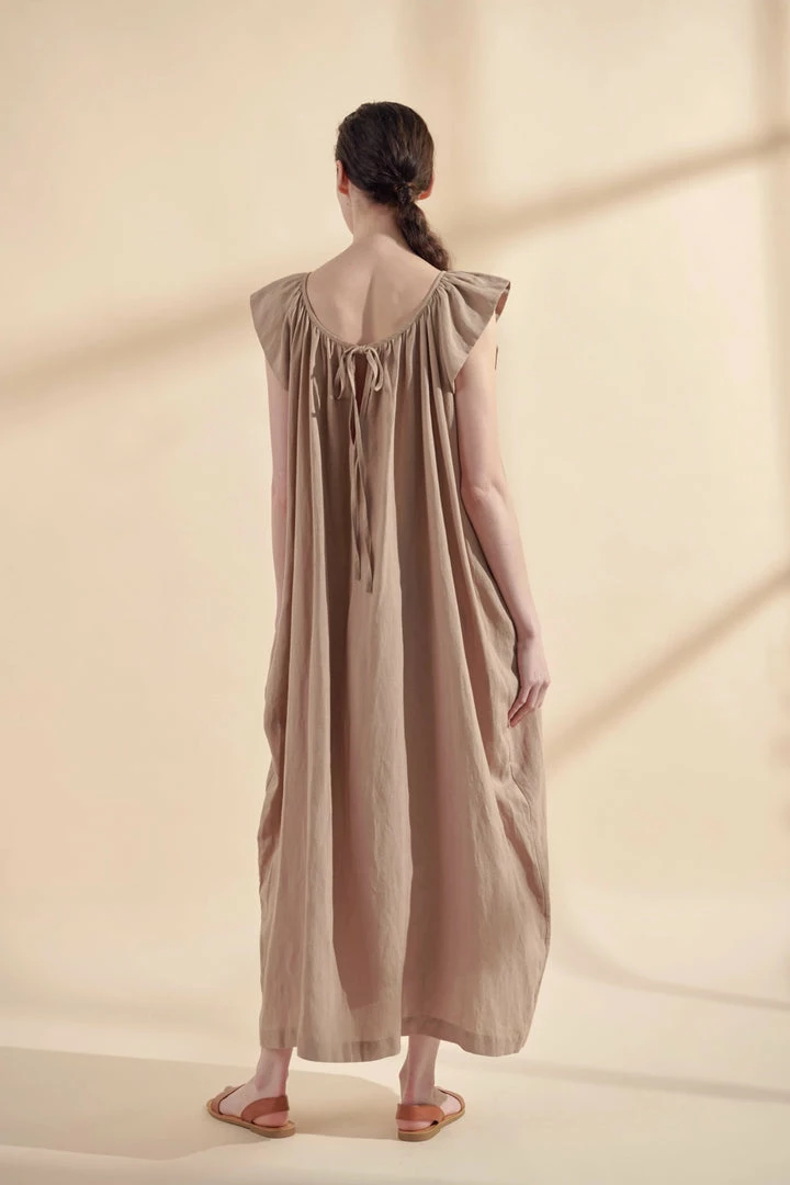 Amente NEW ARRIVALS Ruffle Short Sleeve Back Tie Midi Dress: Mocha 7 Amente NEW ARRIVALS Ruffle Short Sleeve Back Tie Midi Dress: Mocha