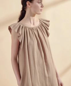 Amente NEW ARRIVALS Ruffle Short Sleeve Back Tie Midi Dress: Mocha 17 Amente NEW ARRIVALS Ruffle Short Sleeve Back Tie Midi Dress: Mocha