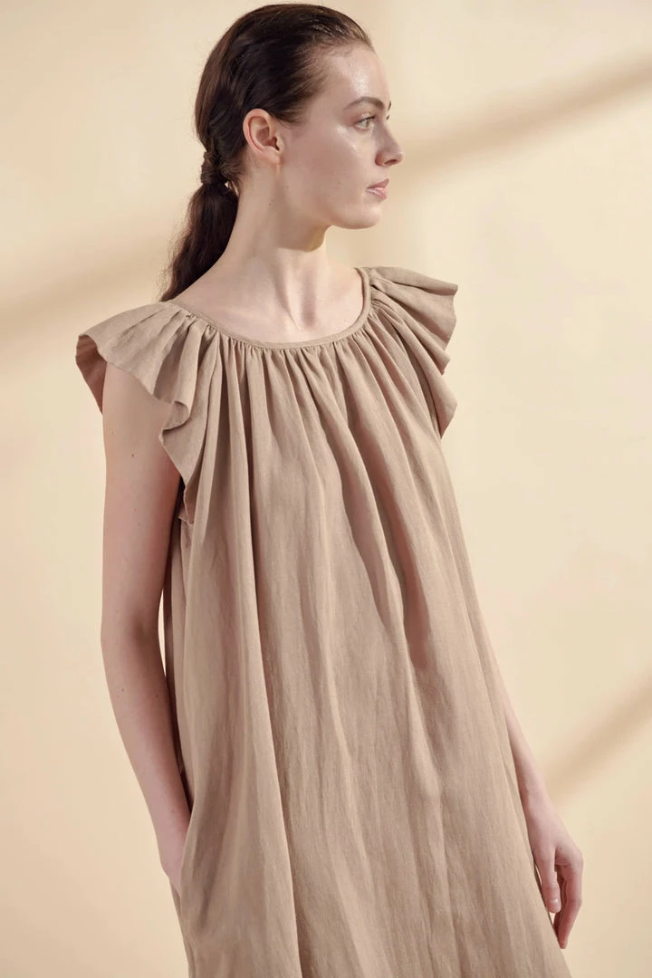 Amente NEW ARRIVALS Ruffle Short Sleeve Back Tie Midi Dress: Mocha 10 Amente NEW ARRIVALS Ruffle Short Sleeve Back Tie Midi Dress: Mocha