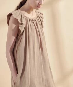 Amente NEW ARRIVALS Ruffle Short Sleeve Back Tie Midi Dress: Mocha 16 Amente NEW ARRIVALS Ruffle Short Sleeve Back Tie Midi Dress: Mocha