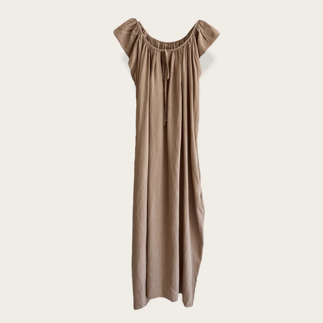 Amente NEW ARRIVALS Ruffle Short Sleeve Back Tie Midi Dress: Mocha 3 Amente NEW ARRIVALS Ruffle Short Sleeve Back Tie Midi Dress: Mocha