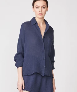 Stateside Gauze Long Sleeve Oversized Shirting Top Navy NEW ARRIVALS