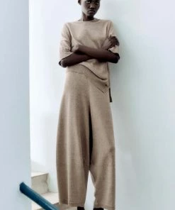 Monica Cordera NEW ARRIVALS Soft Cotton Knit Pants In Nougat