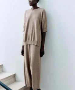 Monica Cordera NEW ARRIVALS Soft Cotton Knit Pants In Nougat